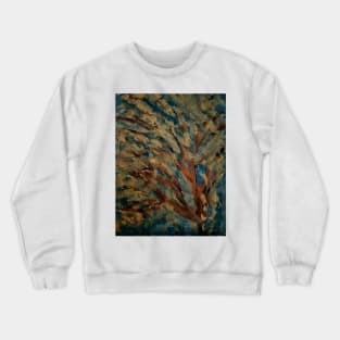 abstract painting of tree with gold leave and copper toned branche with a sky in my favorite colors Crewneck Sweatshirt